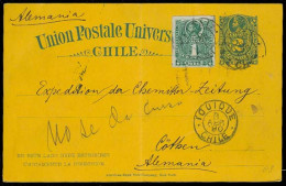 CHILE - Stationery. 1890. Tiatal - Germany. 2c Stat Card + Adtl. Via Iquique. - Chile
