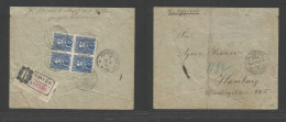 CHILE. 1898 (14 March) Valp - Germany, Hamburg (18 Apr) Registered Reverse Multifkd Env Black Of Four 5c Blue Perce, Tie - Chile