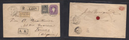 CHILE. 1899 (31 Jan) Stgo - Tunis, Tunisia. Registered AR 20c Adtl Fkd 5c Lilac Stat Env Incl 3 Labels. Rare Destination - Chile