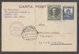 Chile - XX. 1937 (29 April). Lantaro - Macau, China (3 July). 2 Months 5 Days Transit Time. Private Card Fkd 1 Peso 10c  - Cile