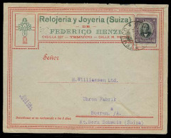 Chile - XX. 1921 (Oct). Temulco - Switzerland. Color Ilustr Swiss Watches Business Fkd Env / 40c. Santiago + Arrival Bur - Chile