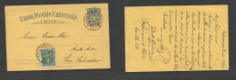 CHILE - Stationery. 1893 (29 June) Valp - San Salvador, Santa Ana (Aug 2) 2c Blue / Yellowish Stat Card + 1c Green Adtl, - Chile