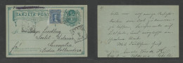 CHILE - Stationery. 1908 (29 Jan) Dutch Indies, Sumatra, Ketain (21 March 1908) Via Benkoelen (18 March) 1c Green Stat C - Cile