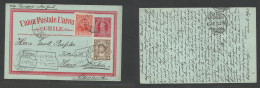 CHILE - Stationery. 1917 (2 March) Coronel - Germany, Minden Via Panama - NY. 2c Red Colon Stat Card + 2 Adtls, At 8c Ra - Cile