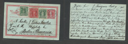 CHILE - Stationery. 1908 (9 Sept) Traiguen - Germany, Berlin (14 Oct) 2c Red Colon Stat Card + 3 Adtls, At 6c Rate, Maes - Cile