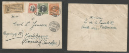 CHILE - Stationery. 1928 (5 Dic) Valparaiso - Sweden, Karlshamn. Registered Multifkd 20c Orange Stat Envelope + 2 Adtls  - Cile