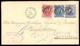 BOLIVIA. 1888 (6 Feb.). La Paz To London / UK. 5c Blue Stationery Envelope + 2adhl 5c Blue + 1c Red (both 11 Stars) Roul - Bolivie