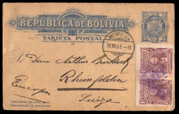 BOLIVIA. 1907(25 June). Sta.Cruz To Rheinfelden/Switzerland (19 Aug). 2c.blue/cream Stat.card+2 Adts Cancelled Lilac. St - Bolivie