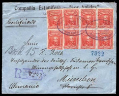 BOLIVIA. 1907(29 May). Sc.73 º(8). La Paz To Germany (2 Aug). Registered Envelpoe Franked 5c Red X 2 Blocks Of 4 (x8), T - Bolivie