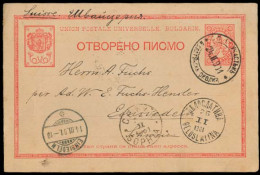 BULGARIA. 1901 (24 Feb). Vardarski Gheran / Bei Rahovo - Switzerland / Einsiedeln. 10c Rd Stat Card. All Marks + Transit - Altri & Non Classificati