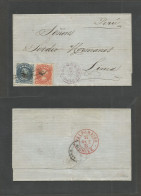 CHILE. 1875 (20 Oct) Cauquenes - Lima, Perú (30 Oct) Via Valp (25 Oct) Fkd Env 5c + 10c Blue, Cancelled Provisional Tied - Chile