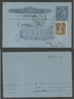 CHILE. 1914 (9 Feb) Arica - Peru, Lima (13 Feb) 3c Grey Bluish Stat Card + 4c Adtl. Scarce Destination At Transition + C - Cile