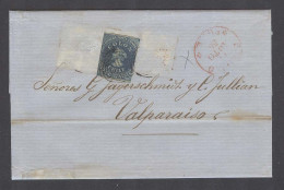 CHILE. 1856 (11 Ago). Santiago - Val- EL Fkd 10c Tragedy. Opportunity From The Jaggerschmidt Original Correspondence. - Chile