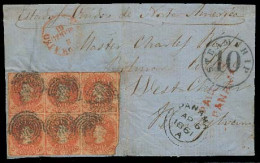 CHILE. 1861 (3 March). Valp - USA / Westchester / PA. Letter Front Fkd 5c Estancos Block Of Six, Irregular Margins, Tied - Chile