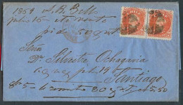 CHILE. 1869 (15 Julio). Valp - Santiago. EL Full Text Fkd 5c Orange Pair, Tied Cork + Red Cds Alongside. Fine. - Cile