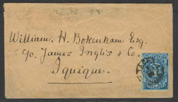 CHILE. 1892 (5 April). Tacna - Iquique. Env Fkd Impuesto. 5c Stamp / Provisional Period / Arrival Cds. Fine. - Cile