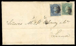 CHILE. 1872. Valparaiso - Lima. EL. Fkd 10c Blue + 20c Green Engraved Issue, Cork Cancels.VF. - Cile