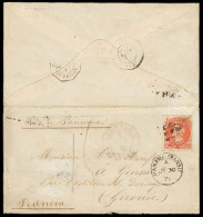 CHILE. 1871 (2 July). Santiago - France. Env Fkd 5c Orange Engraved Issue, Tied Cork Cancel, Blue Cds Alongside. Via BPO - Chile