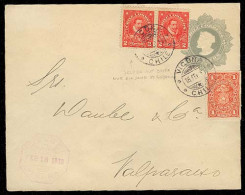 CHILE. 1919 (18 Feb). Vicuña - Valparaiso. 5c Stat Env + 1c Tax Fiscal Provisional Tied On Front + 2c Red Valdivia Pair. - Cile