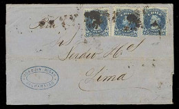 CHILE. 1874. Curanique / Valparaiso - Lima. EL Fkd 10c Blue X 3 Engraved Issue, Tied Cork Cancels. Fine Multiple Usage. - Chile