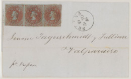 CHILE. 1856 (21 Aug). From Serena With 2nd London Print 5c. Red-brown/blue Horizontal Strip Of Three With Mainly Clear T - Cile