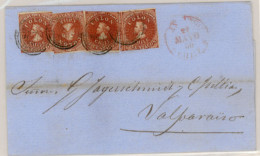 CHILE. 1856 (27 March). From Santiago, E. With Desmadryl Issue 5c. Rate Red-brown (Sc. 3) Four Examples Including Slight - Cile