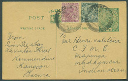 BURMA. 1935 (14 Dec). Kemmendine - Madagascar (10 Jan 1936). India 1/2a Green Stat Card + 2 Adtls / Cds. VF. Xtraord Rar - Birmanie (...-1947)