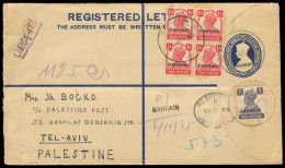 BAHRAIN. 1945 (8 Oct). Bahrain - Palestine / Tel - Aviv (10 Oct). Registered George VI 3 Annas + One Anna With Overprint - Bahreïn (1965-...)