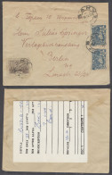 AZERBAIJAN. 1923 (16 Dec). Baku - Germany. Multifkd Env 9k Blue Pair 4kop VF On Reverse Soviet Violet Control Cachet. 22 - Azerbaiján