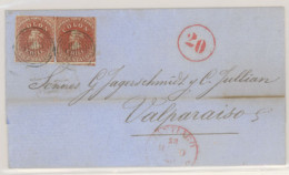 CHILE. 1856 (23 March). From Santiago With Desmadryl Print 5c. Deep Red-brown (Sc. 3a) (2) Both With Large Margins To To - Chile