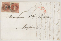 CHILE. 1854. (July 27) From Santiago E. With Desmadryl Issue 5c Pale Red-brown (Sc. 3) Horizontal Pair (dry Print) At Le - Chile