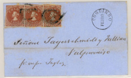 CHILE. 1856. (20 Feb.) From Serena E. With Desmadryl Issue 5c Pale Red-brown (Sc.3) Horizontal Strip Of Three With Mainl - Cile