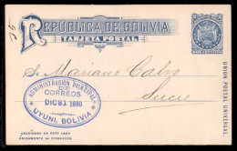 BOLIVIA. 1890 (31 Dec.). Uyuni To Sucre. 2c Blue / Cream Stationary Card Used. XF. - Bolivie