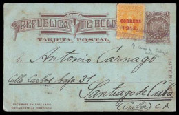 BOLIVIA. 1912 (26 Aug.). BOLIVIA - CUBA. Challapata To Havana (Sept. 30). 1c Brown / Greenish Stationary Card + 5c Yello - Bolivie