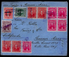 BOLIVIA. 1913. Cochabamba To Buenos Aires. Registered. Ovpts. Block Of Four. Multiple Frankings. Via Tupiza, Great Multi - Bolivie