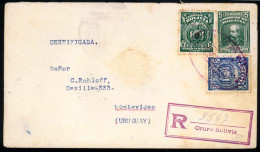 BOLIVIA. 1928. Late Usage Of 1913 5c Green Postal Stationery Envelope To Montevideo, Uruguay Franked At Registered Rate  - Bolivie