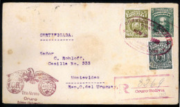 BOLIVIA. 1928. 5c Green Postal Stationery Registered Usage To Montevideo Up-rated With 1927 20c Olive Green And 1927 Ove - Bolivie