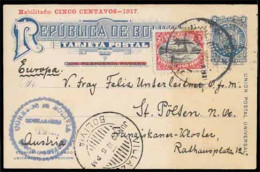 BOLIVIA. 1921 (June 10). 2c Blue Postal Stationery Card Of 1917 Used To Germany And Up-rated With 1916 2c Carmine & Blac - Bolivie