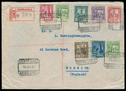 ANDORRA. 1932 (16 Julio). A La Vieja - Norwich / UK. Sobre Certificado Multicolor (x8). Tarifa 1 Pta 55am. Prec. - Autres & Non Classés