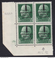 1944 RSI, N° 491 25 Cent. Verde Tiratura Di Roma MNH/** BLOCCO DI 4 CON NUMERO - Andere & Zonder Classificatie