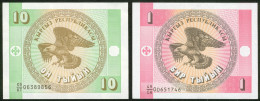 Kirgisistan Lot Mit 2 Banknoten 1+10 Tyin 1993, Beide Bankfrisch - Kirgizïe