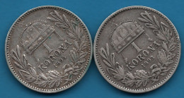 HUNGARY 2 X 1 KORONA 1893 + 1894 KM# 484 Argent 835‰ Silver Franz Joseph I FERENCZ JÓZSEF I - Hongrie