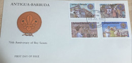 O) 1982 ANTIGUA AND BARBUDA, SCOUTING YEAR - BULDING, HELPING WOMAN, PRINCESS MARGARET, SCOUTING GIVING, FDC XF - Antigua Und Barbuda (1981-...)