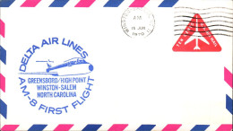 USA ETATS UNIS 1ER VOL DELTA AIRLINES GREENSBORO-HIGH POINT-WINSTON 1970 - FDC