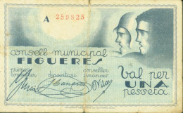 Guerre D'Espagne Billet De Nécessité Consell Municipal Figueres Val Per Una Pesseta 1937 - 1-2 Peseten