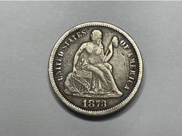 1873 USA Seated Liberty 90% Silver Dime Coin, VF Very Fine, Closed 3 - 1837-1891: Seated Liberty (Liberté Assise)