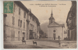 Gresy Sur Isere  73 Carte Timbrée La Place  Animée L(Eglise Et L'Hotel Du Commerce En Face Tabac - Gresy Sur Isere