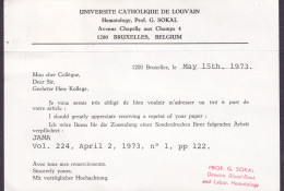 Belgium UNIVERSITE CATHOLIQUE DE LOUVAIN Hematology Blood-Bank G. SOKAL, BRUXELLES 1973 Card Carte TEXAS USA - Brieven En Documenten