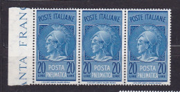 1958 Repubblica Italia Italy POSTA PNEUMATICA 3 Valori Del 20 Lire MNH** PNEUMATIC MAIL - Express/pneumatic Mail