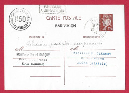 !!! ENTIER PÉTAIN 1 FRANC 20 PAR AVION POUR L'ALGÉRIE DE 1942 AVEC RETOUR À L'ENVOYEUR, RELATIONS POSTALES SUSPENDUES - Storia Postale